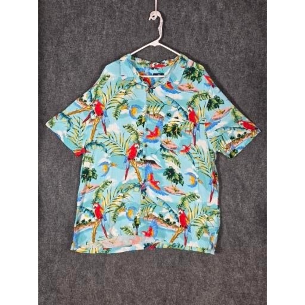 George Mens 2XL Light Blue Tropical Parrot Print Rayon Short Sleeve Button Shirt